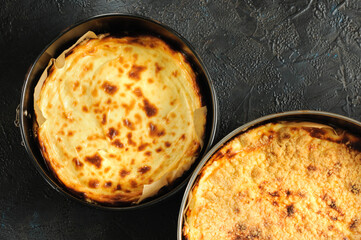 Homemade delicious fresh curd pies in a round shape on a black concrete background. Top view, flat lay