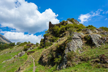 uins of an old stone fortress. Old Diklo, Tusheti, Georgia