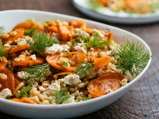 Home made roasted carrot and barley salad with vegan feta.