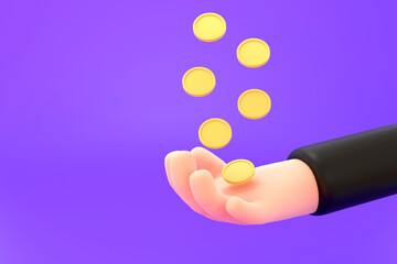  Hand holding coin stack on purple background money-saving, online payment,