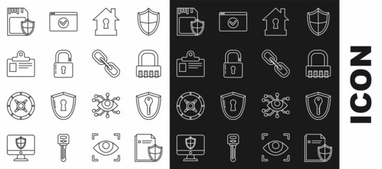Set line Document protection concept, Shield with key, Safe combination lock, House under, Open padlock, Identification badge, SD card and shield and Chain link icon. Vector