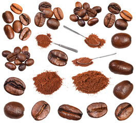 set of various ground coffee and beans isolated