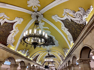 Interior of Komsomolskaya metro station in Moscow, Russia.