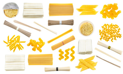 set of various dry noodles and pasta isolated