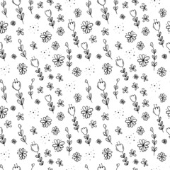 Doodle black flowers outline seamless pattern on white.