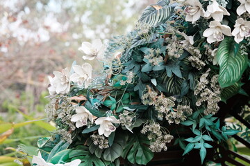 closeup white flowers and green leaf on flower arch.