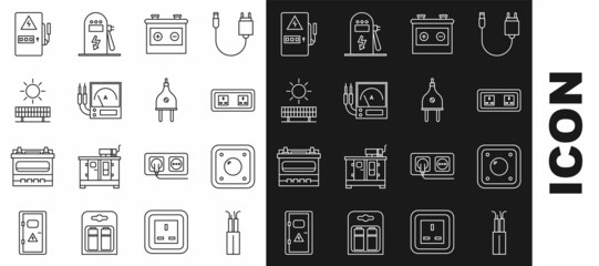 Set line Electric cable, light switch, Electrical outlet, Car battery, Ampere meter, multimeter, voltmeter, Solar energy panel and sun, and plug icon. Vector