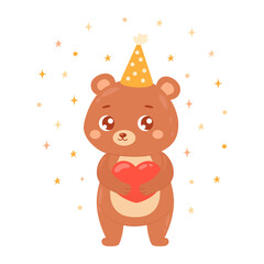 Cute bear in a festive hat holding heart in hand-drawn cartoon style. Funny character for greeting cards for Valentine's Day, children T-shirt, poster, invite, gift tag. Vector illustration isolated