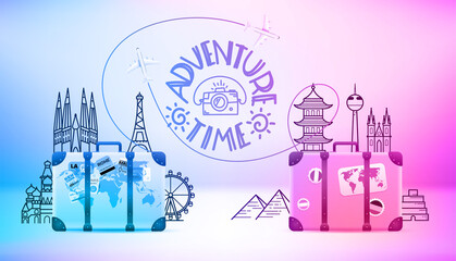 Vintage handbags with world sights. Adventure time concept. 3d vector illustration