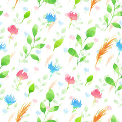 Field flowers and herbs seamless pattern. Watercolor flowers on white background repeatable pattern.
