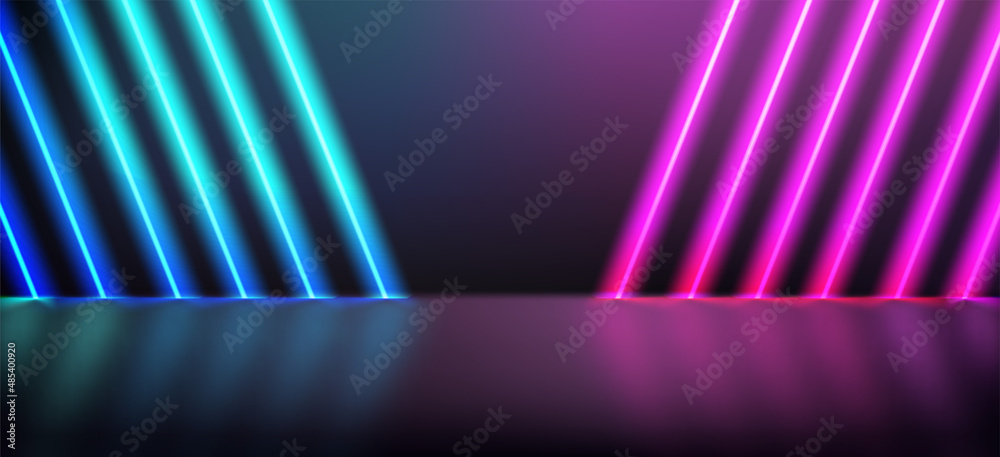 Poster dark room with purple and blue diagonal neon lights. 3d vector showcase with copy space