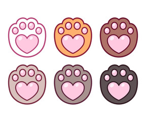 Cartoon heart cat paw prints set