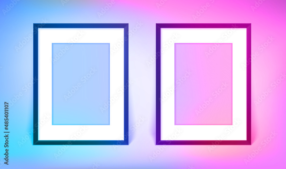 Poster two blank image frames. 3d vector banner with holographic effect