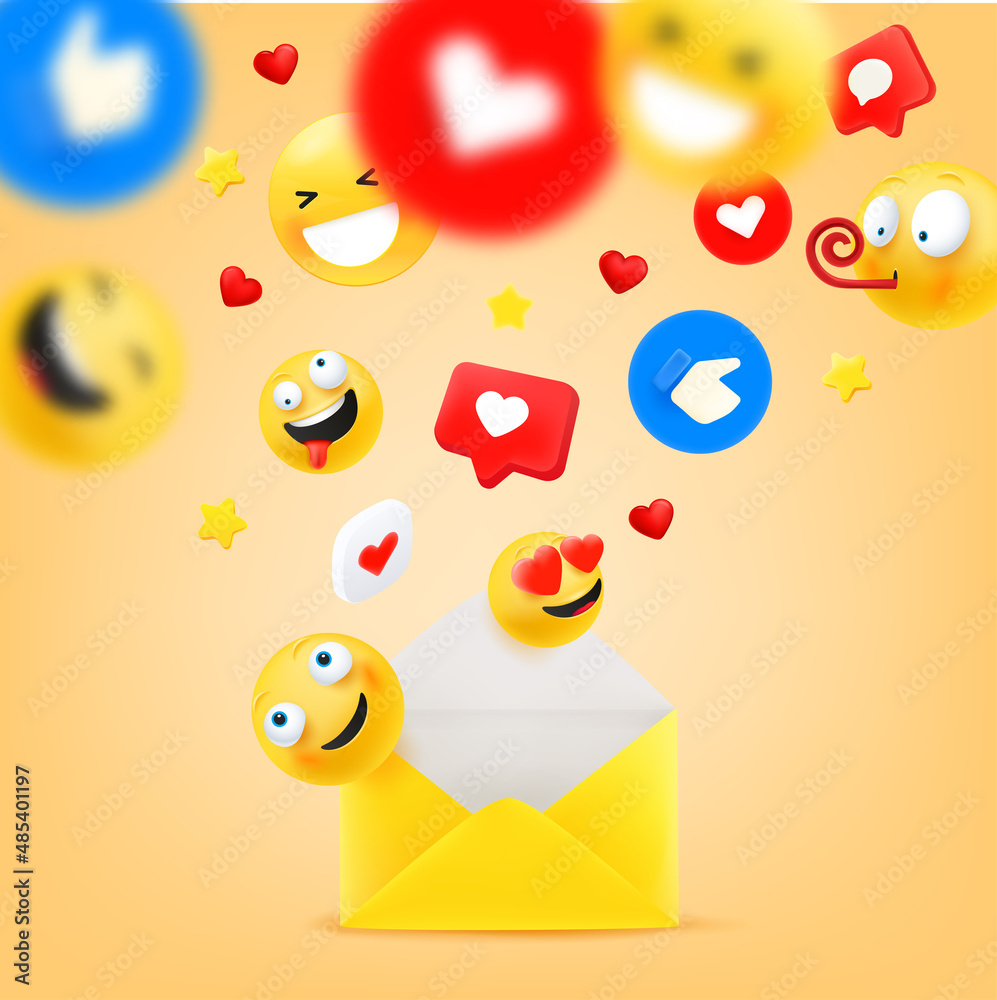 Poster open envelope with flying icons. social network communication concept. 3d vector illustration