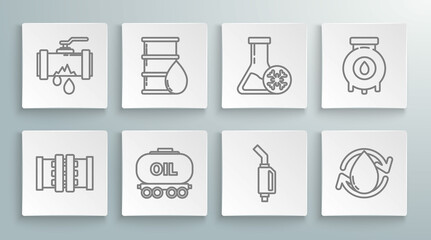 Set line Industry metallic pipes and valve, Oil railway cistern, Gasoline pump nozzle, drop, Antifreeze test tube, gas industrial factory building and Broken with leaking water icon. Vector