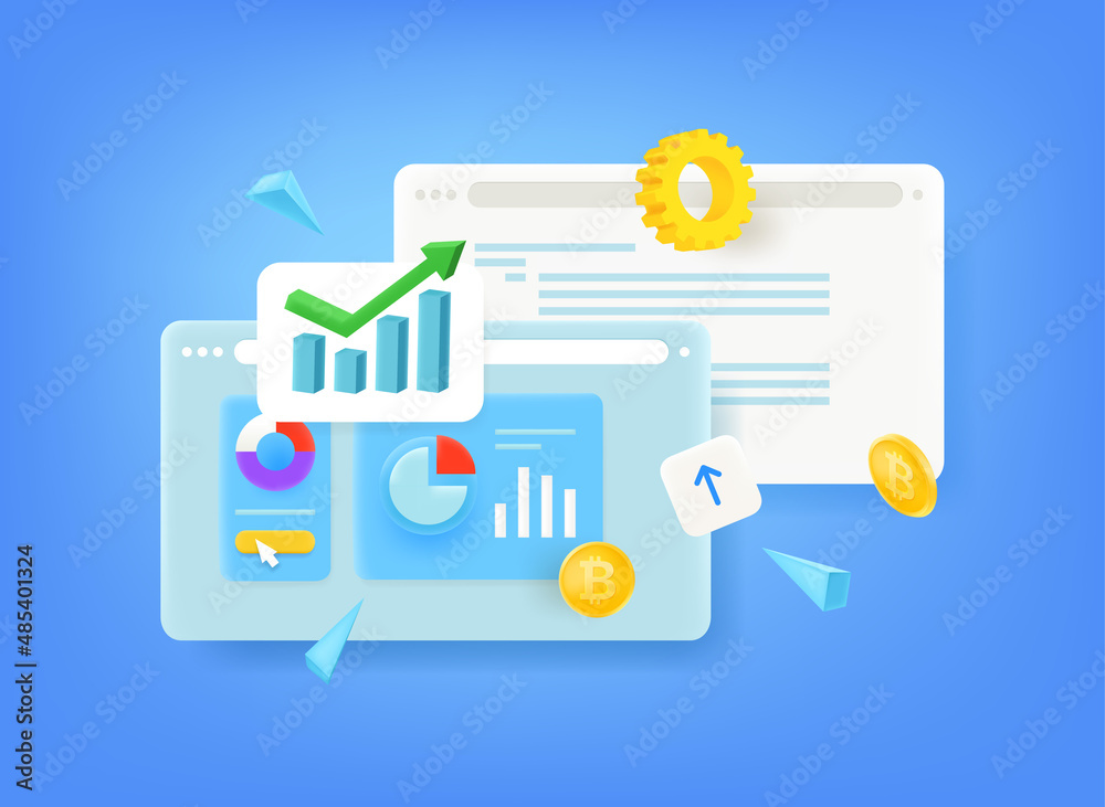Aufkleber Browser windows with different charts. Internet business concept. 3d vector illustration