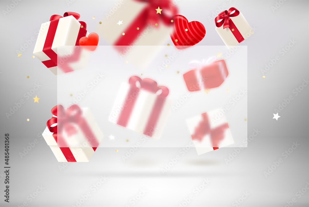 Aufkleber White studio with hearts and gift boxes and glass boeard with copy space. Happy Valentines Day. Vector mock up with copy space