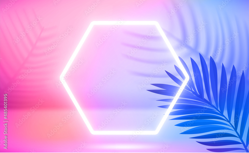 Poster holographic illuminated stage with neon frame. 3d vector illustration