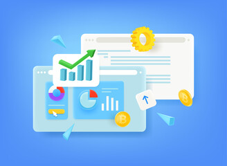 Browser windows with different charts. Internet business concept. 3d vector illustration