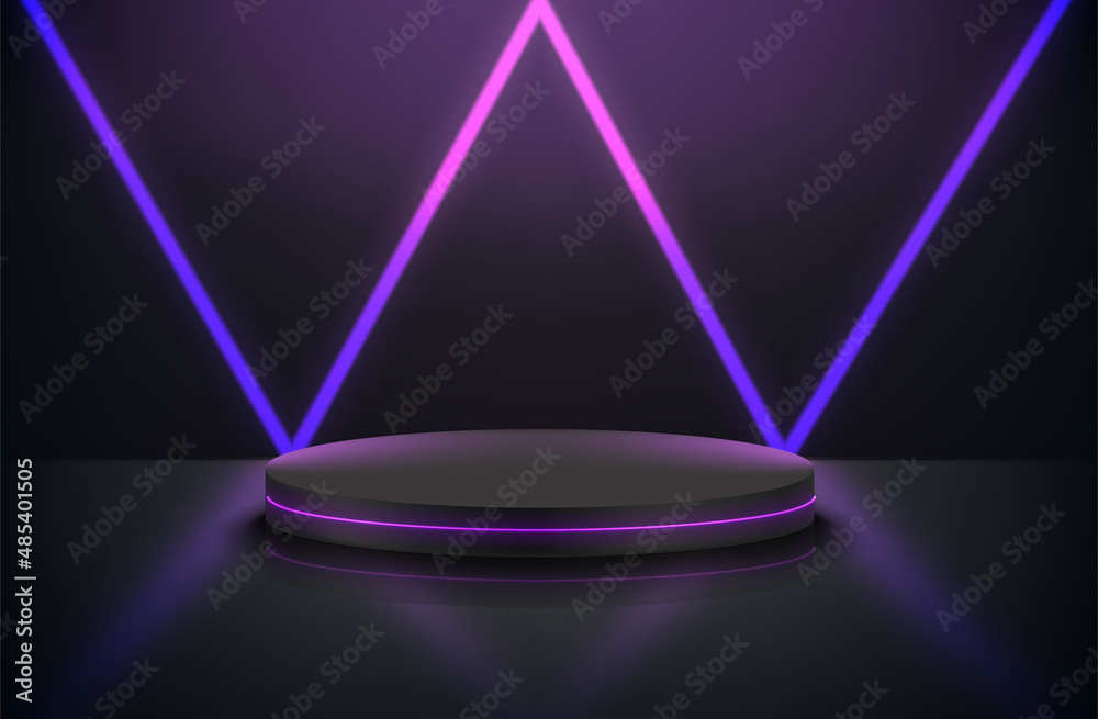Poster deep black room with podium and neon lights. 3d vector premium showcase for display products