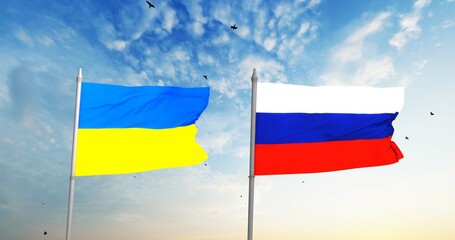 Ukraine and Russia two flags on flagpoles and blue sky, 3d rendering.
