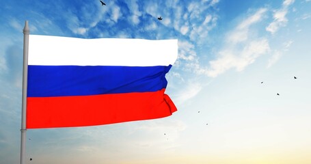Russian flag in the blue sky. Horizontal panoramic banner. 7628x2800 Pixel, 3D Rendering.