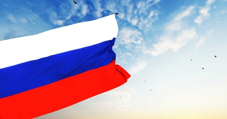 Russian flag in the blue sky. Horizontal panoramic banner. 7628x2800 Pixel, 3D Rendering.