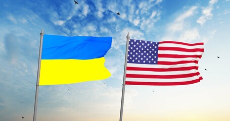 Ukraine and United States two flags on flagpoles and blue sky, 3d rendering.
