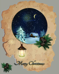 christmas card with night landscape and house