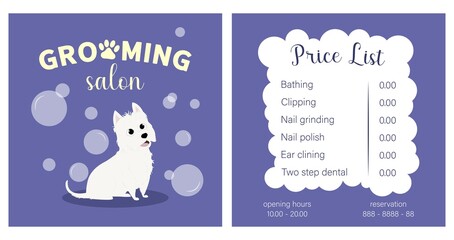 Vector Illustration business card pricelist and special offer for pet grooming salon with dog and bubbles. Price list with phone number for reservation and opening hours printable template