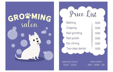 Vector Illustration business card pricelist and special offer for pet grooming salon with dog and bubbles. Price list with phone number for reservation and opening hours printable template a4. 