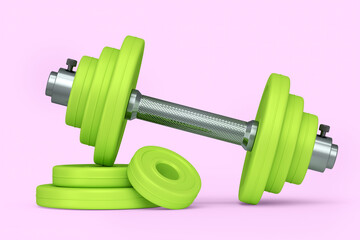 Metal dumbbell with green disks isolated on pink background