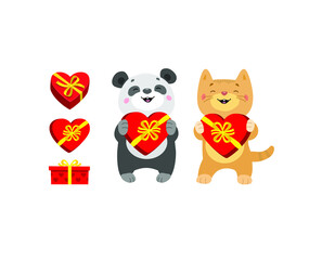 Gift Boxes with Ribbon. St Valentines day. Chocolate box, cartoon panda and cat. My valentine. 14th of February