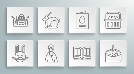 Set line Easter rabbit, Jesus Christ, Holy bible book, cake and candle, Greeting card with Happy, Basket easter eggs and icon. Vector