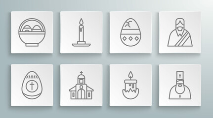 Set line Easter egg, Burning candle in candlestick, Church building, Priest, Cracked, Jesus Christ and Basket with easter eggs icon. Vector