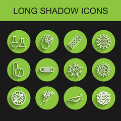 Set line Stop virus, Syringe and, Test tube flask, Ebola disease, Virus, Medical protective mask, and icon. Vector