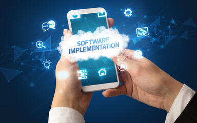 Hand using smartphone with cloud technology concept