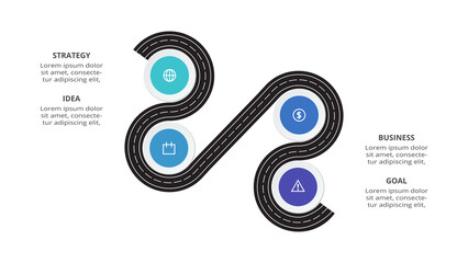 Road concept for infographic with 4 steps, options, parts or processes. Business data visualization.