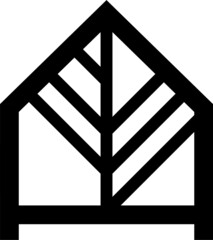 Graphic sign showing the house. A tree inscribed in the house symbolizing a wooden house