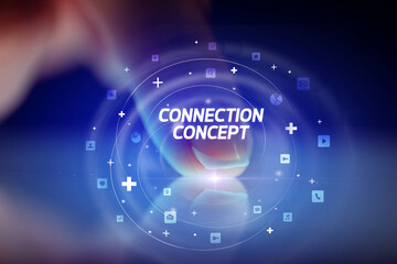 Finger touching tablet with social media icons concept