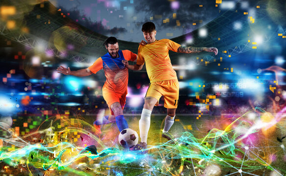 Football scene with soccer players and futuristic digital background
