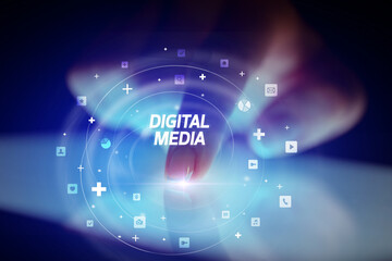 Finger touching tablet with social media icons concept