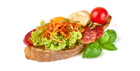 Crostini with various toppings, isolated on white background. High resolution image.