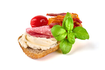 Crostini with cream cheese, isolated on white background. High resolution image.