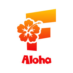 Logotipo texto Aloha con letra F en tipografía tiki con silueta de flor de hibisco en color naranja