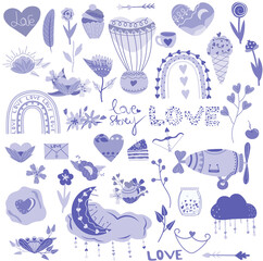 Big set for St. Valentine's day, flowers, cupcake, hearts, leaves, rainbows, hot air balloon, Love, moon. Colorful Cute illustration isolated a white background.Violet, lilac trends colors. Vector.