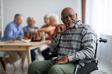 Disabled african american senior man in wheelchair feeling lonely - Powered by Adobe