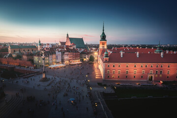 Aerial view of Castle Square Warsaw Royal Castle at night - Warsaw, Poland
