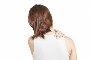 Closeup woman neck and shoulder pain and injury. Health care and medical concept.