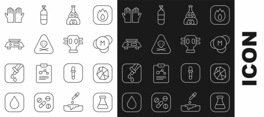 Set line Test tube and flask, Salt stone, Molecule, fire, Triangle warning toxic, Electronic scales, Medical rubber gloves and Gas mask icon. Vector